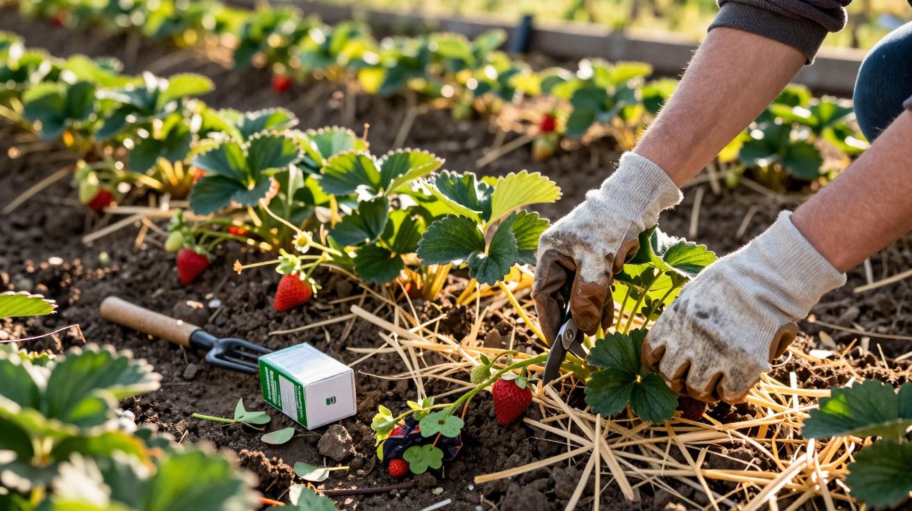 Pessoa colhendo morangos em plantação orgânica com luvas e ferramentas de jardinagem.