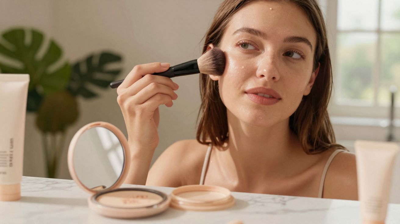 Mulher aplicando maquiagem com pincel no rosto diante de espelho em banheiro iluminado.