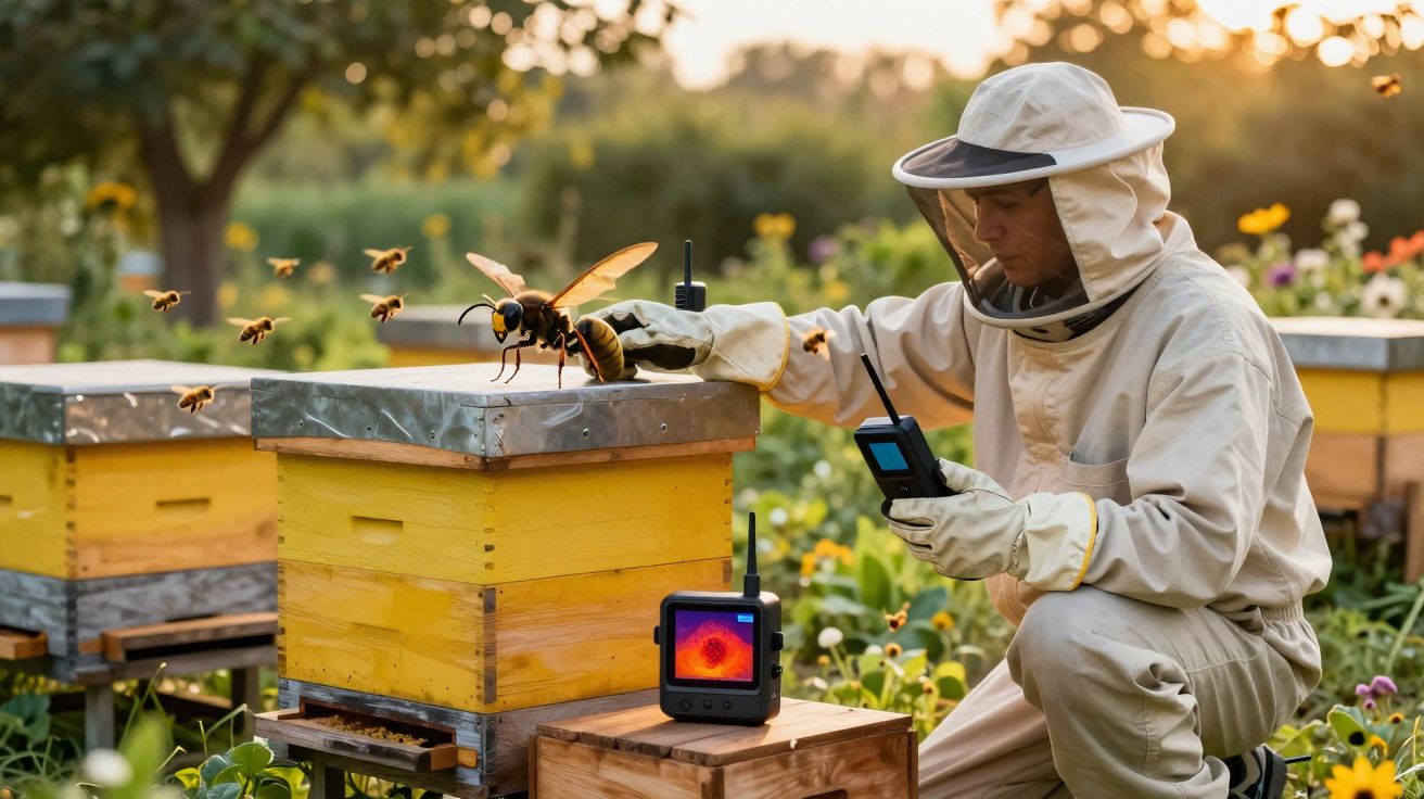 Apicultor com roupa protetora segura comunicação perto de colmeias amarelas em campo florido ao entardecer.