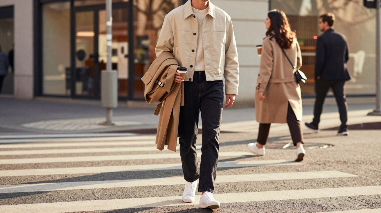 Homem caminhando na faixa de pedestres com casaco bege no braço e café na mão em ambiente urbano.