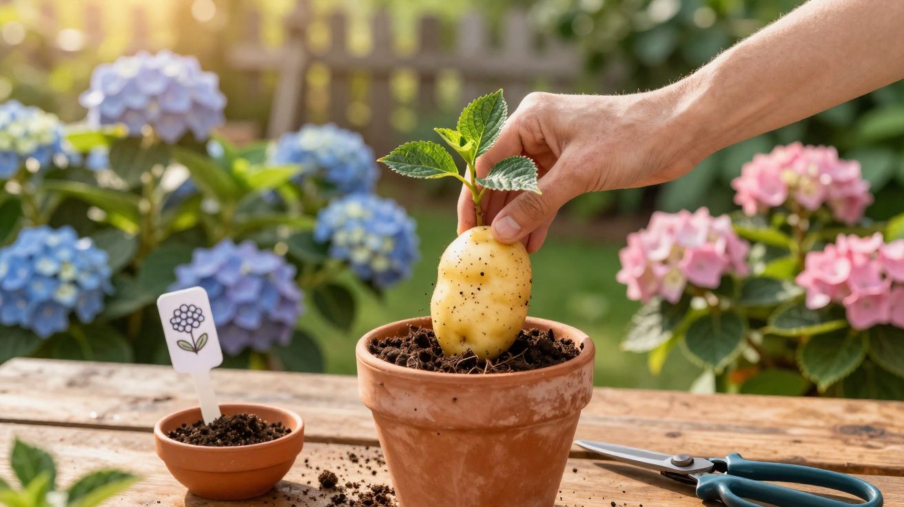 Mão plantando batata com muda em vaso de barro, ao fundo flores hortênsias azuis e rosas em jardim.