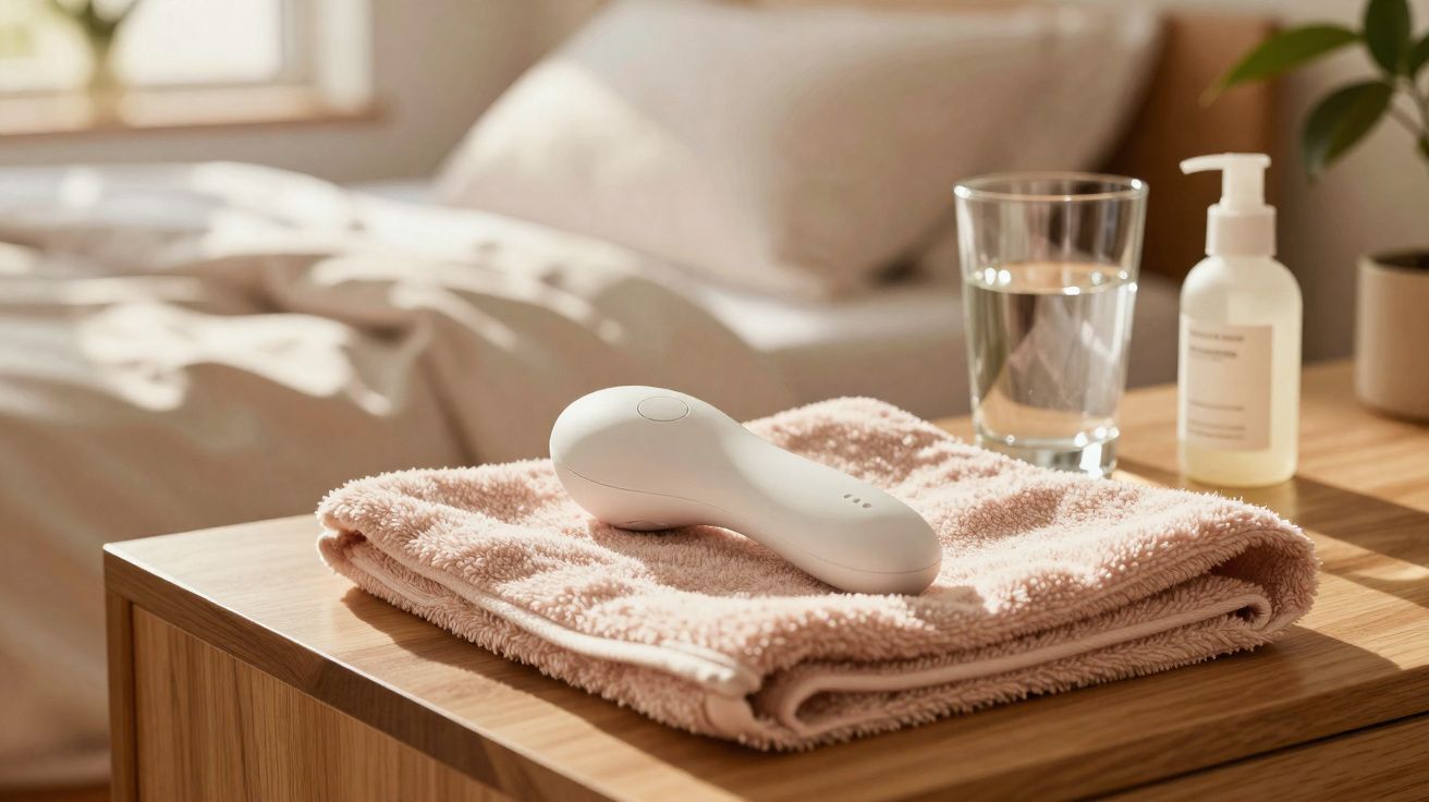 Aparelho eletrônico branco sobre toalha cor de rosa, ao lado de copo com água e frasco com dispenser em mesa de madeira.
