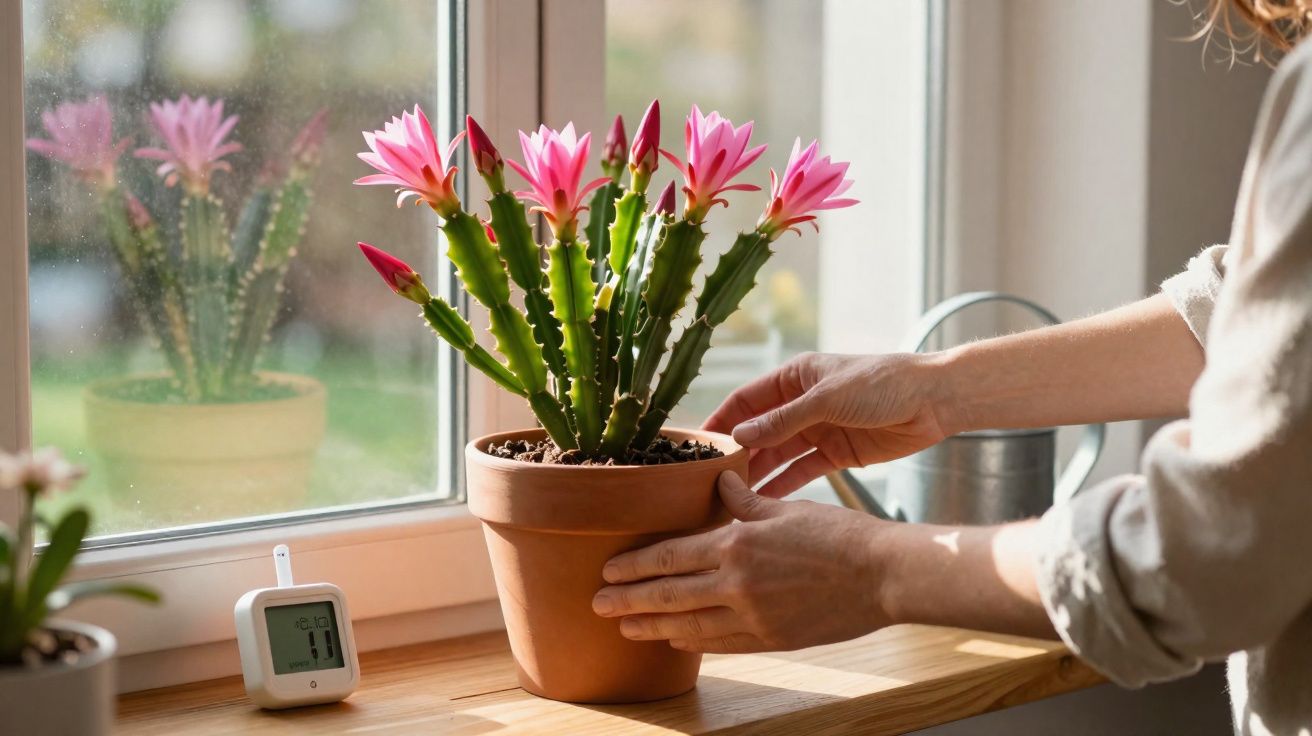 Pessoa ajeitando vaso de planta com flores rosa perto da janela em ambiente iluminado.