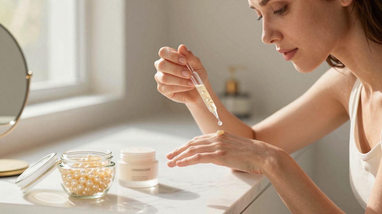 Mulher aplicando sérum facial com conta-gotas na mão perto de frascos de cosméticos sobre bancada branca.