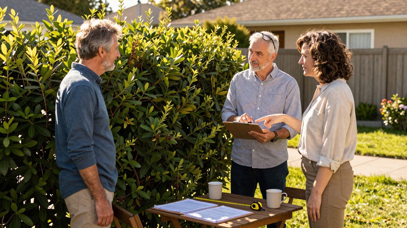 Três adultos discutindo plantas e documentos em mesa de jardim ensolarado com cerca e casa ao fundo.