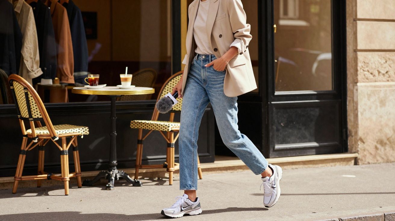 Mulher andando na calçada perto de café com cadeira e mesa ao ar livre em dia ensolarado.