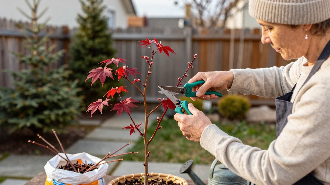 Pessoa idosa podando planta de folhas vermelhas com tesoura de jardim em ambiente externo.