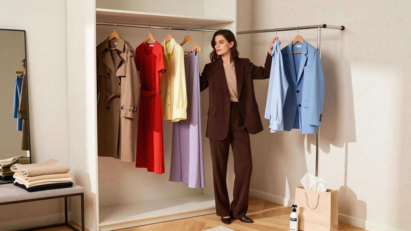 Mulher vestindo terno marrom segurando roupas coloridas em cabides dentro de closet branco bem iluminado.