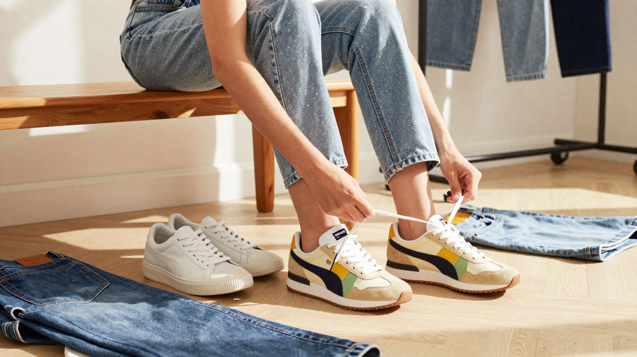 Pessoa amarrando tênis colorido ao lado de calças jeans e outro tênis branco no chão.