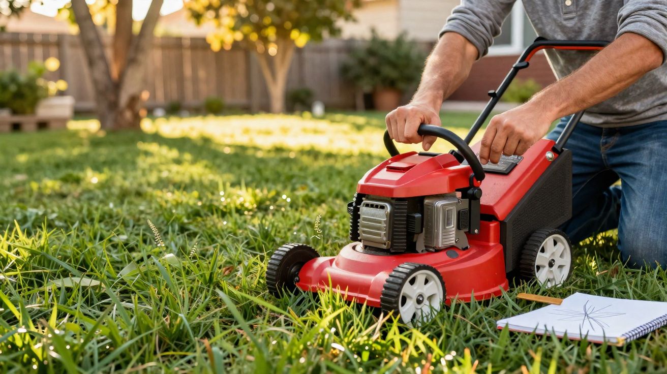 Pessoa utilizando cortador de grama vermelho em jardim com caderno ao lado no chão.