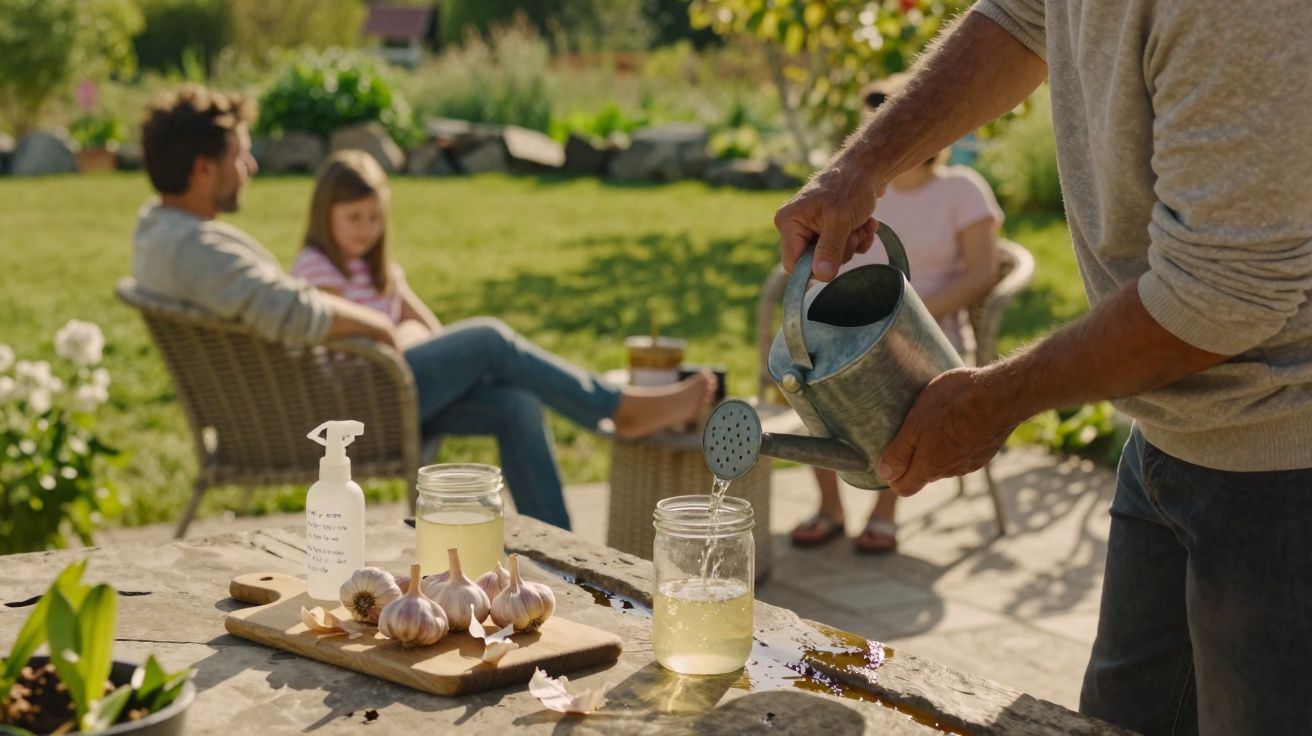 Pessoa regando planta em mesa com alho, jarra e frasco, enquanto duas pessoas conversam ao fundo em jardim.