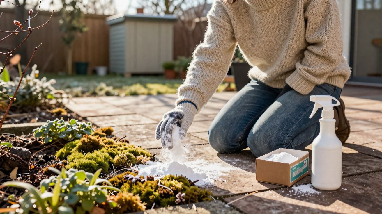 Pessoa aplicando pó branco em plantas de jardim em dia ensolarado, usando luvas e suéter bege.