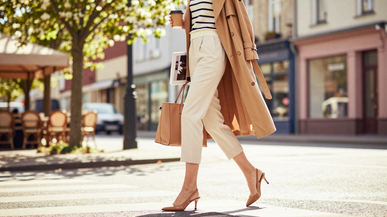 Pessoa vestindo casaco bege longo e calça clara, cruzando rua com sacola e café na mão em dia ensolarado.
