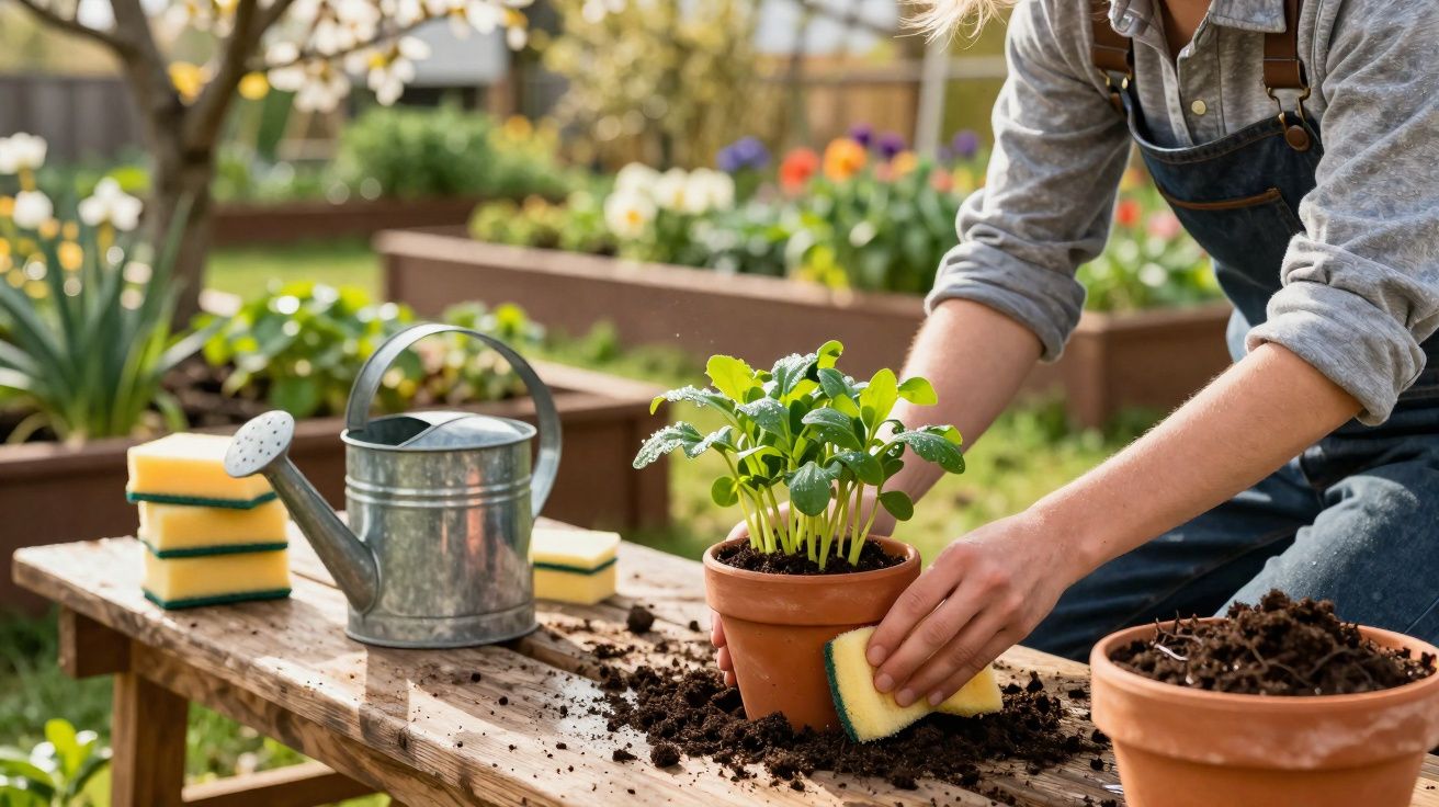 Pessoa limpando vaso de planta com esponja em mesa de madeira no jardim.