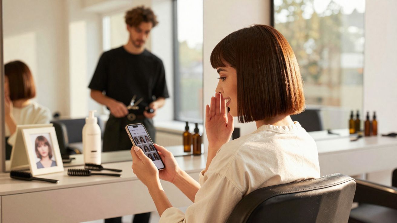 Mulher sentada em salão de beleza, olhando fotos de cortes de cabelo no celular e barbeiro ao fundo.