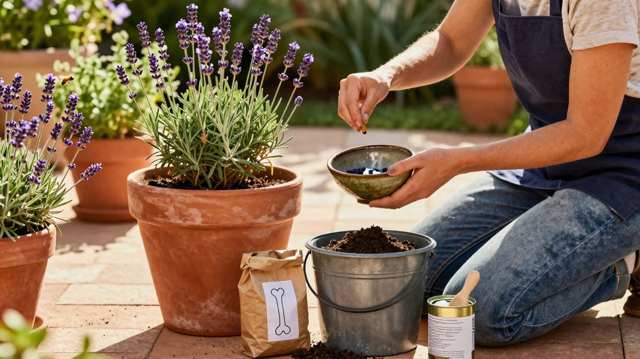 Pessoa plantando sementes ao ar livre com vasos de lavanda e utensílios de jardinagem.