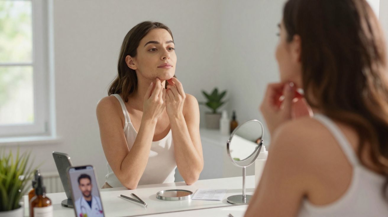 Mulher olhando no espelho e examinando a pele do rosto enquanto faz consulta médica por chamada de vídeo.
