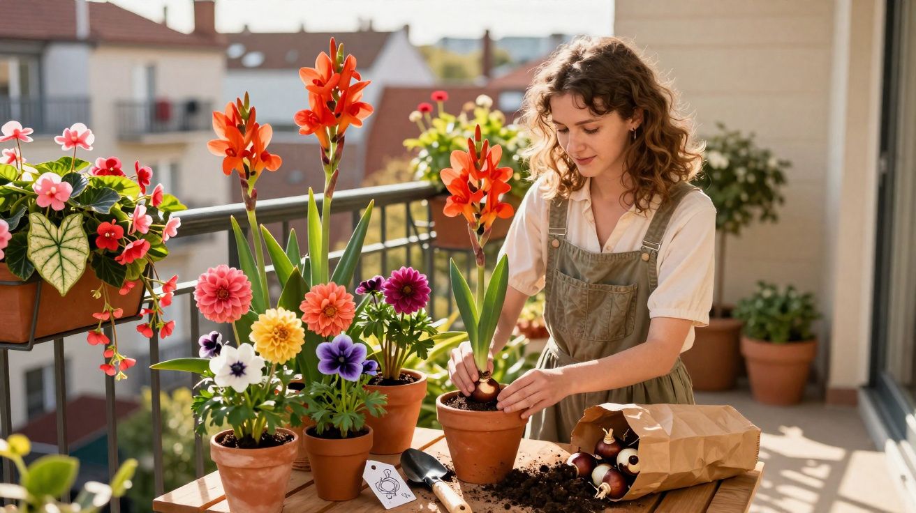 Mulher cuidando de flores em vasos no varal de apartamento em dia ensolarado.
