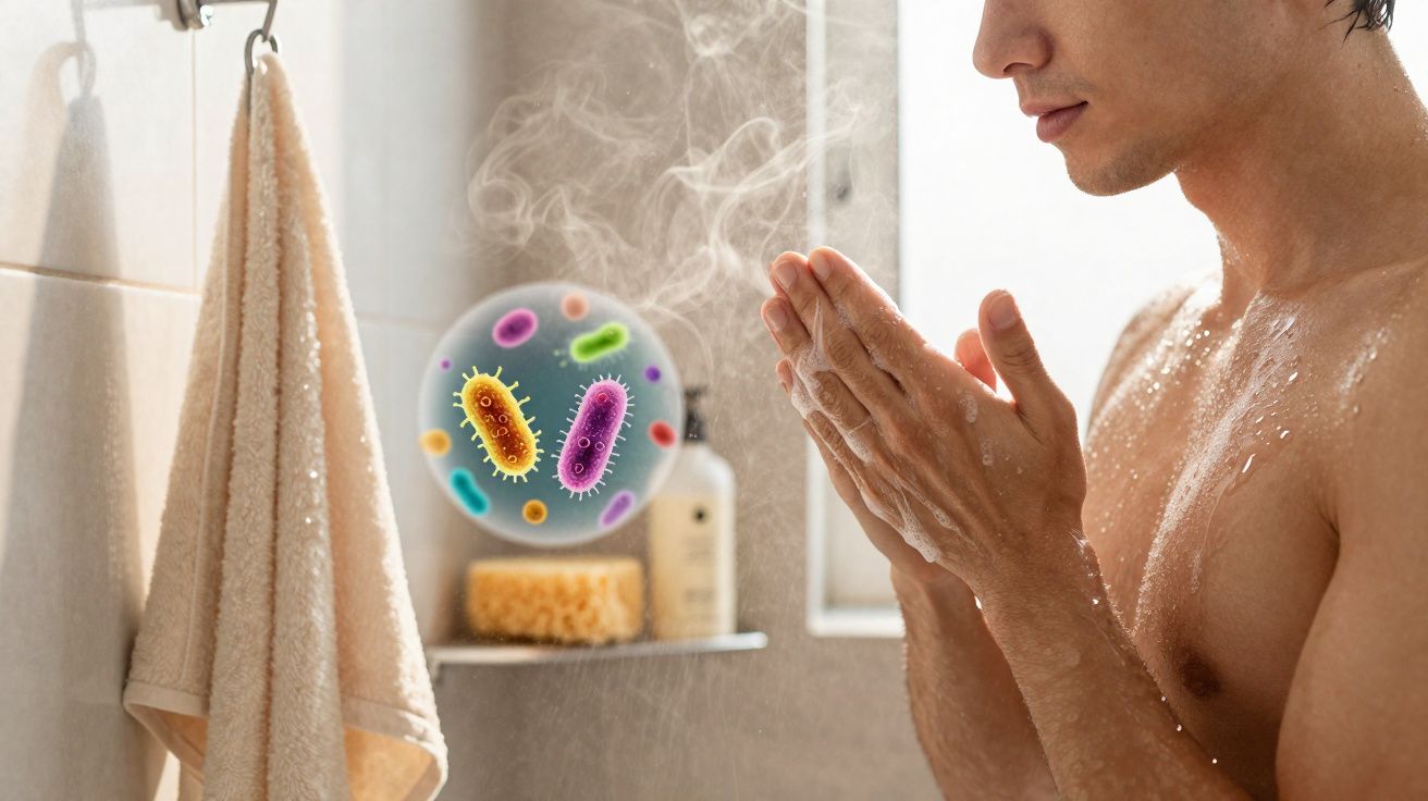 Homem tomando banho com vapor e ilustração de bactérias coloridas no fundo.