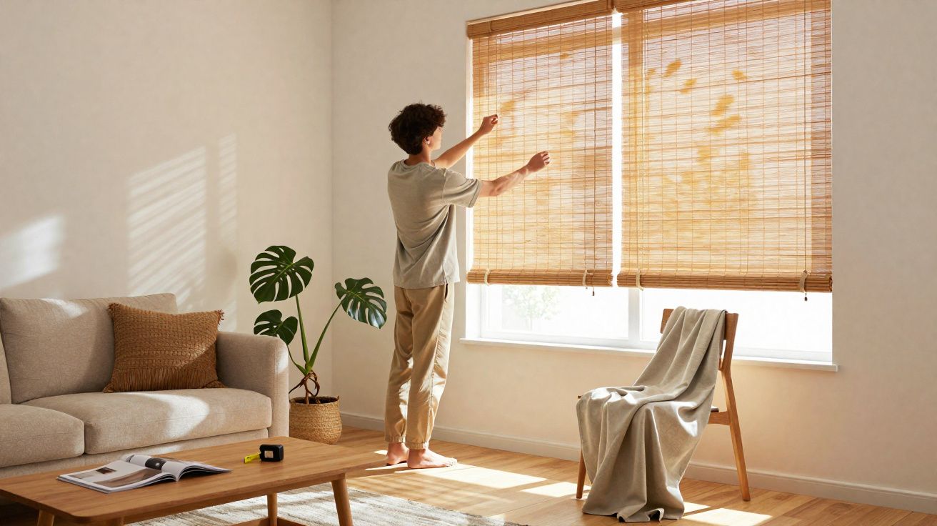 Pessoa levantando persianas de madeira em sala clara com sofá, planta e cadeira com manta.