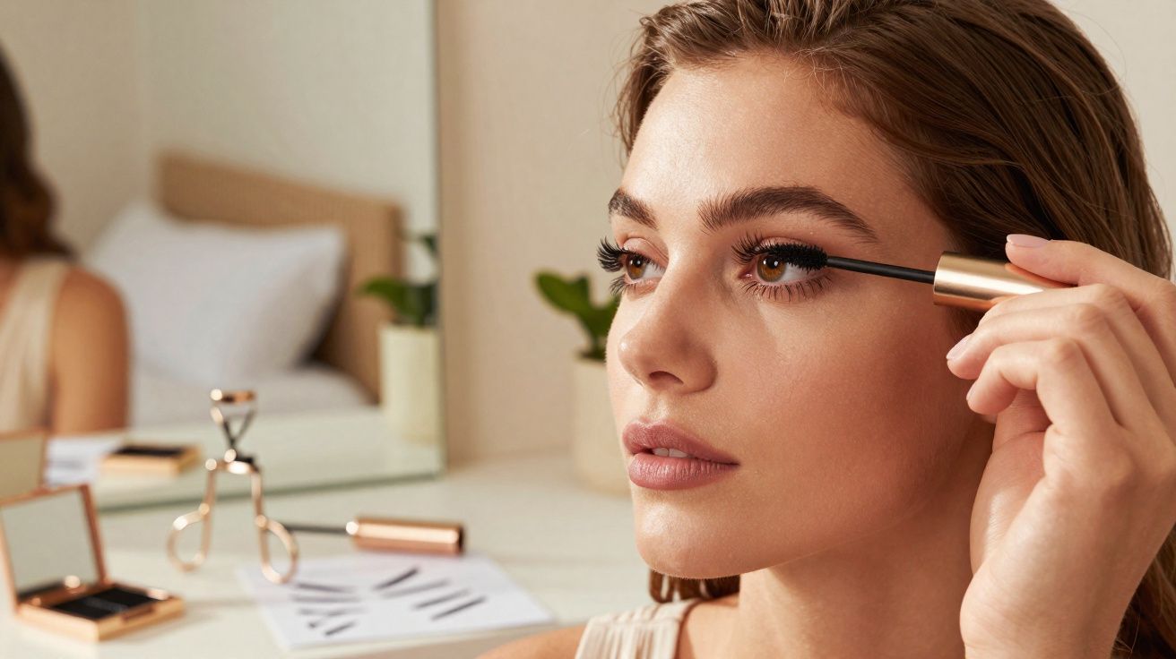 Mulher aplicando rímel nos cílios em frente ao espelho, com acessórios de maquiagem ao fundo.