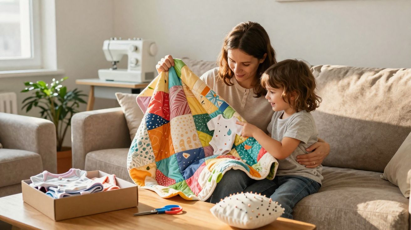 Mãe e filho sentados no sofá olhando juntos uma colcha colorida feita à mão.