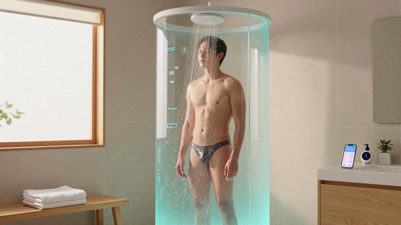 Homem tomando banho em chuveiro futurista transparente com luz azul em banheiro moderno.