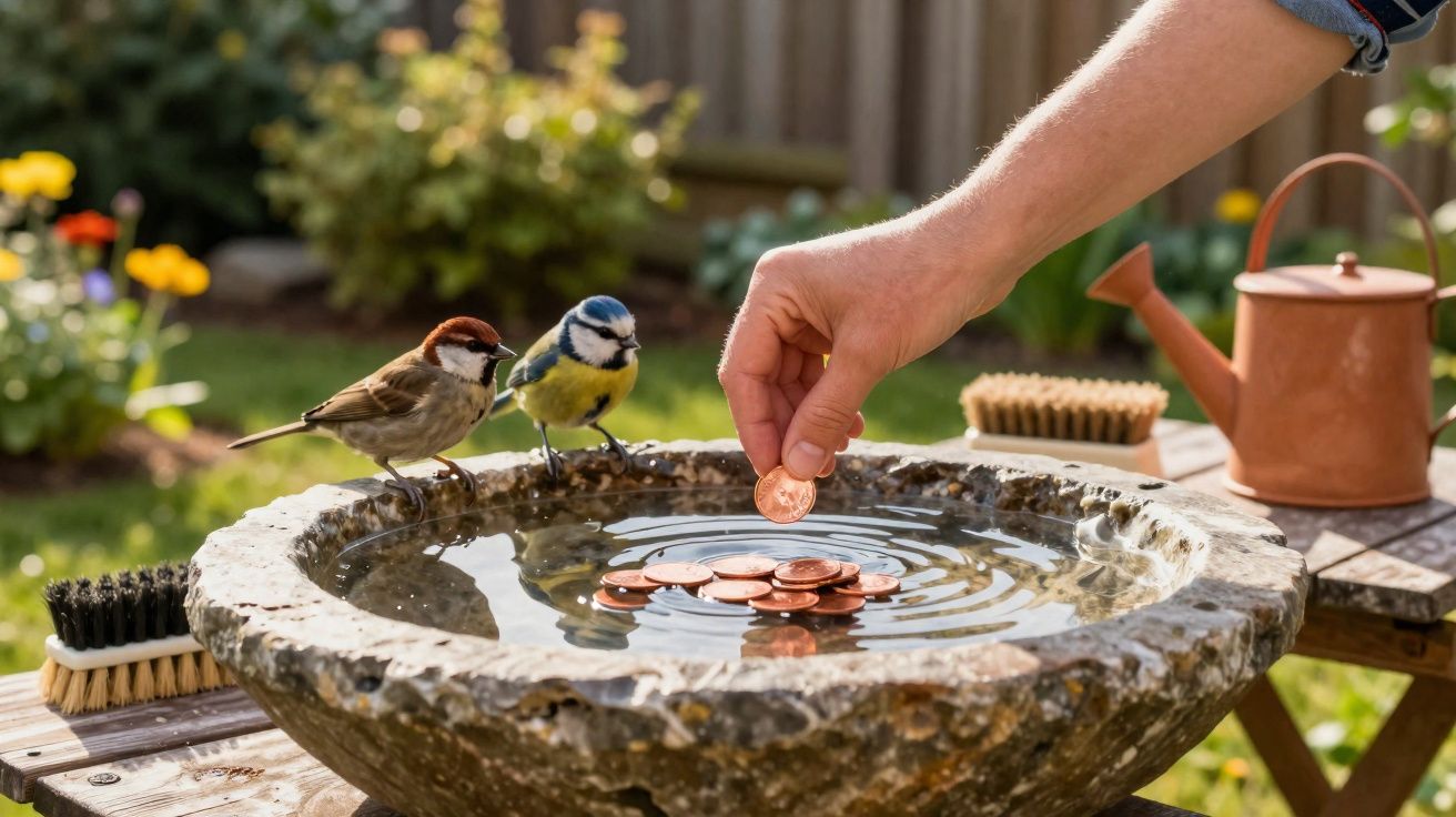 Pessoa colocando moedas em um bebedouro de pedra com dois passarinhos ao redor no jardim.