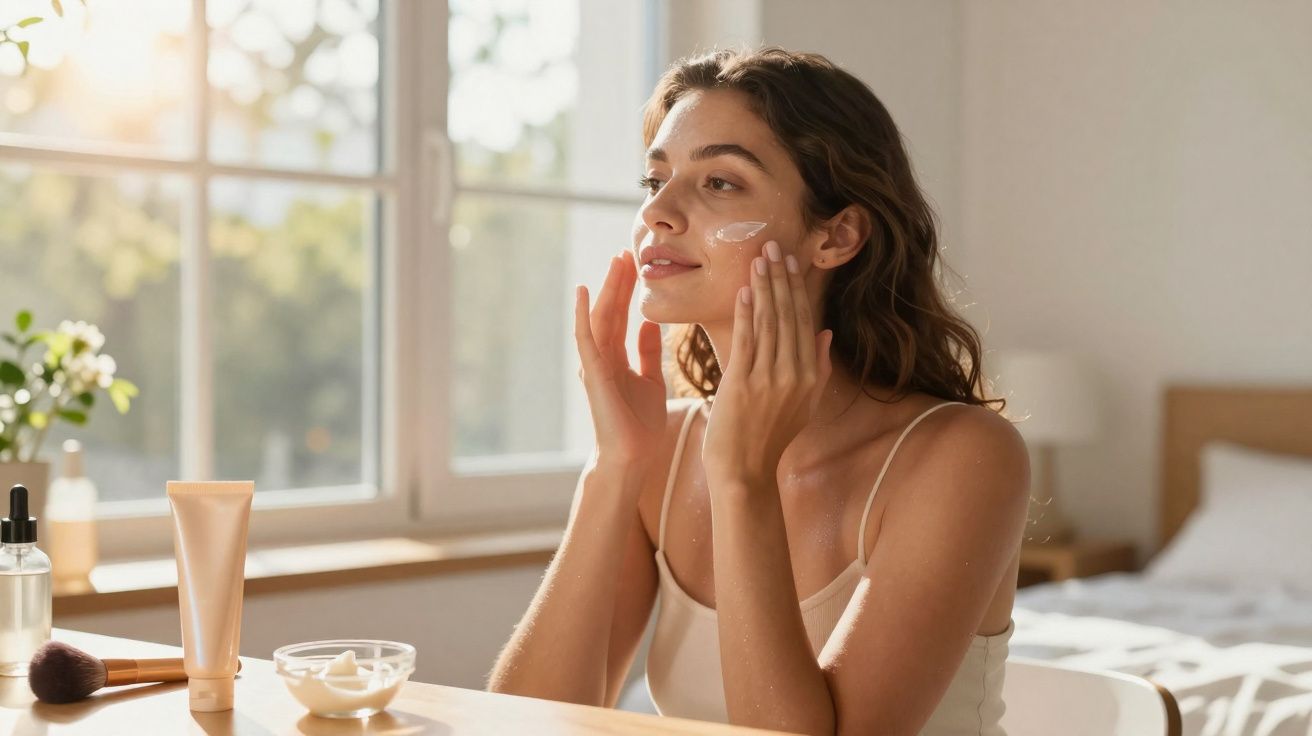 Mulher aplicando creme no rosto sentada em mesa iluminada por luz natural perto de janela.