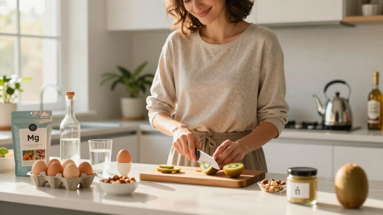 Mulher sorridente cortando kiwi na cozinha com ovos, castanhas e produtos naturais sobre a bancada.