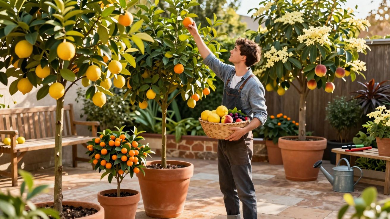 Homem colhendo frutas em árvores frutíferas em vasos num jardim ensolarado.