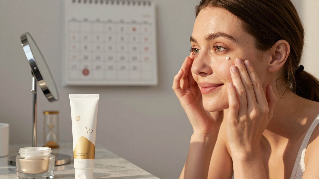 Mulher aplicando creme no rosto com produtos de beleza e espelho sobre a mesa.