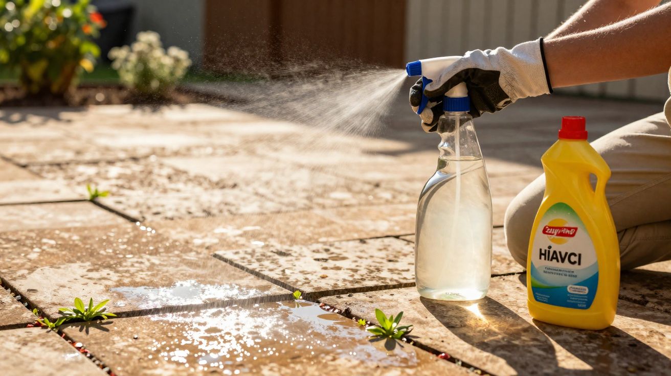 Pessoa com luva borrifando produto limpador em plantas daninhas entre pedras de calçada ensolarada.