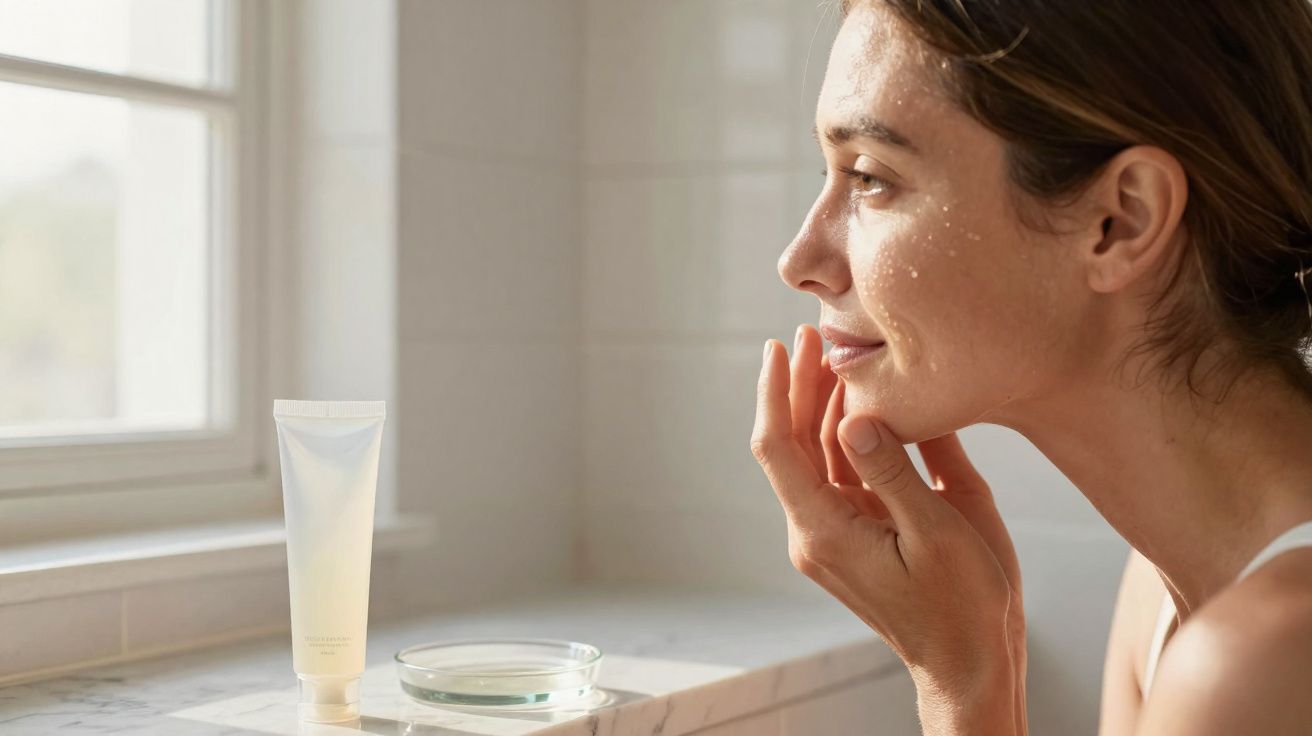 Mulher aplicando creme no rosto em ambiente iluminado ao lado de janela e produtos de cuidados com a pele.