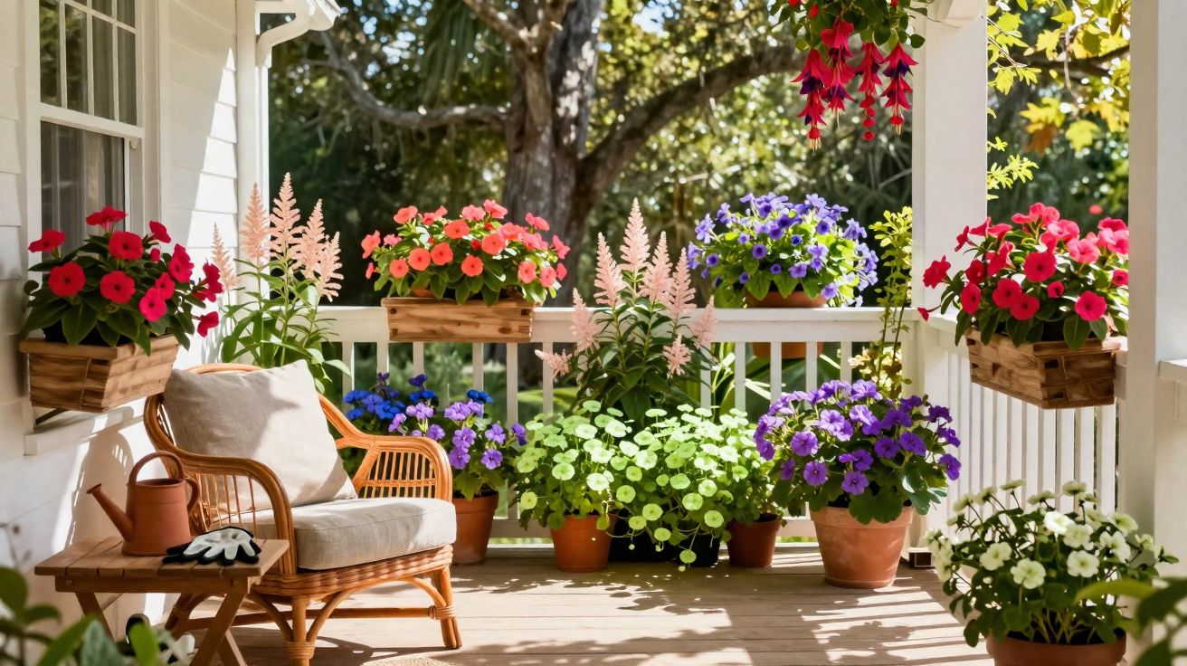 Varanda ensolarada com diversas flores coloridas em vasos e cadeira de vime com almofada bege.