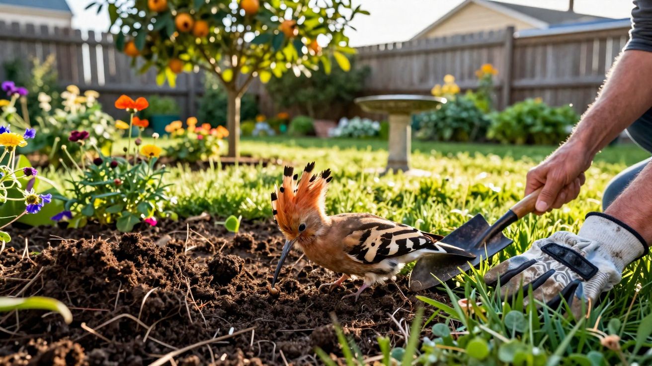 Pássaro colorido próximo a jardineiro com pá e luva mexendo a terra em jardim florido ensolarado.