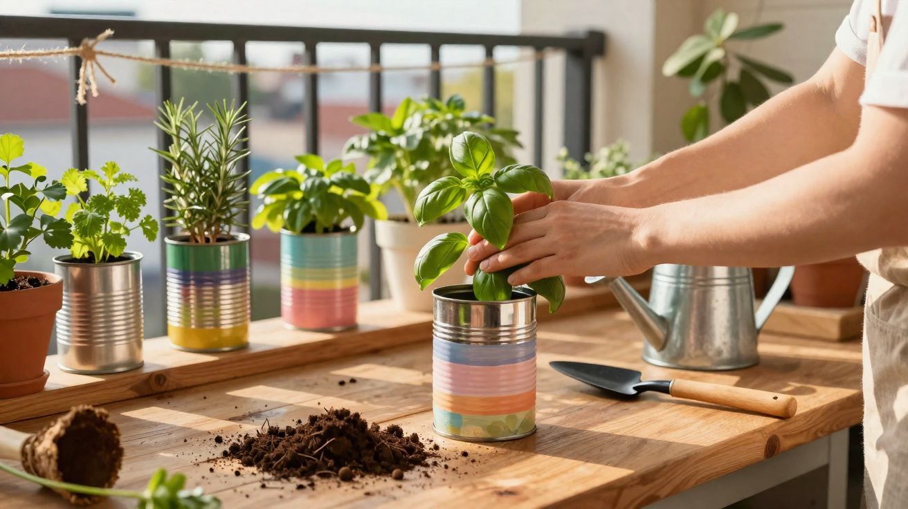 Pessoa transplantando manjericão em lata colorida com outras plantas e terra sobre mesa de madeira.