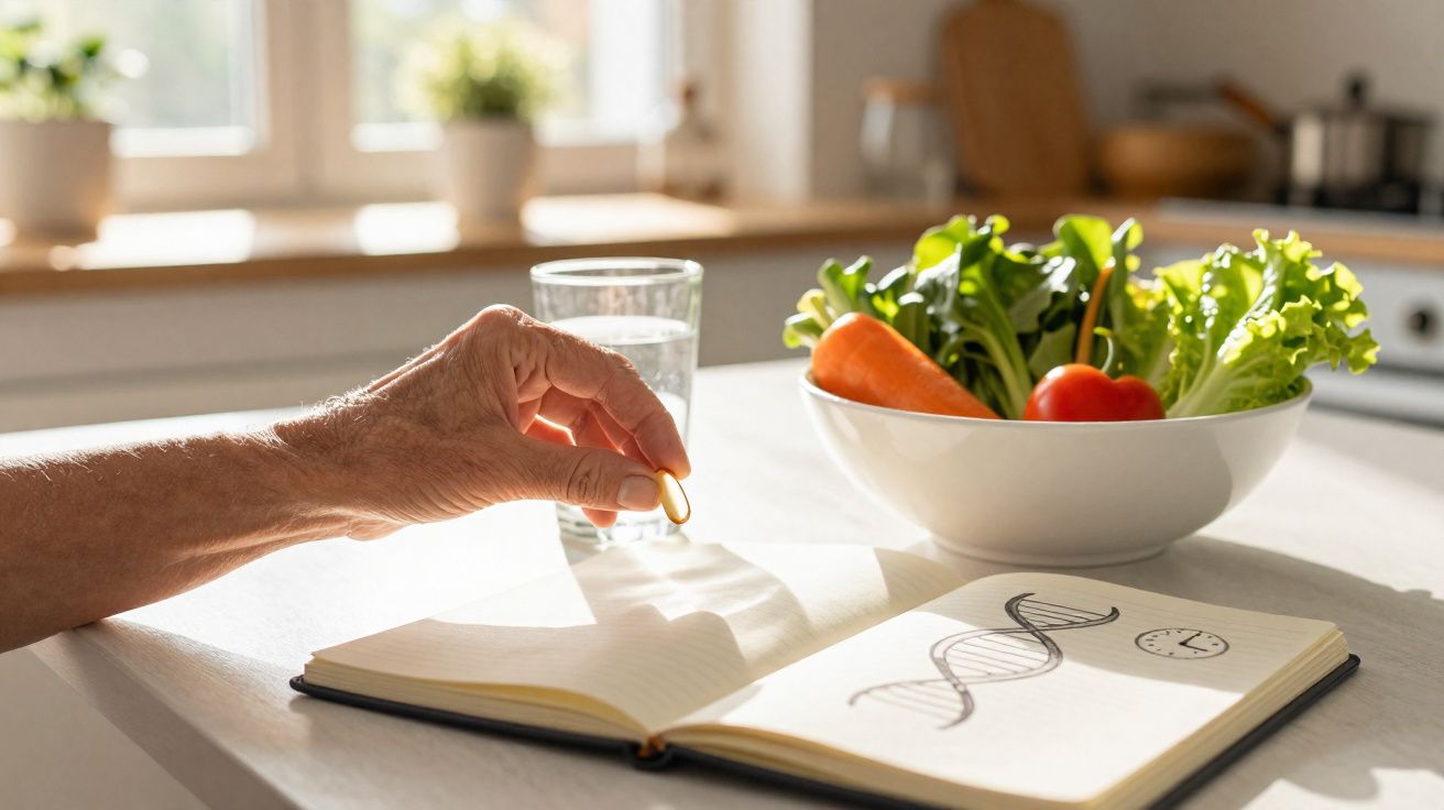 Mão segurando cápsula sobre livro aberto com desenho de DNA, e tigela com legumes na mesa iluminada.
