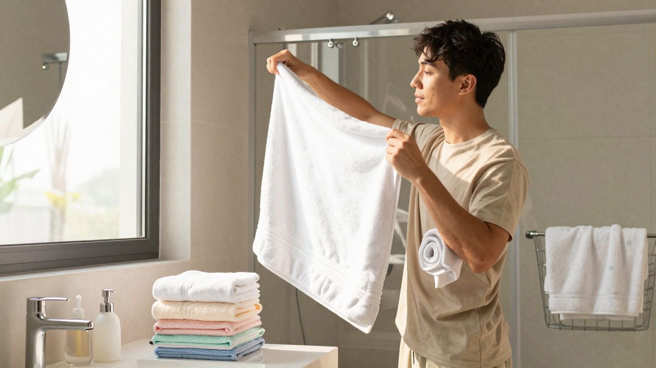 Homem segurando toalha branca em banheiro claro com pilha de toalhas coloridas ao lado.
