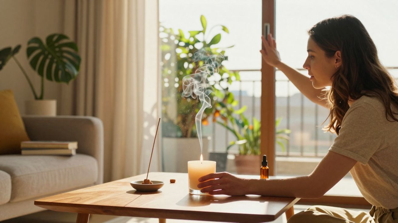 Mulher acendendo vela perfumada em mesa de madeira em ambiente iluminado e decorado com plantas.