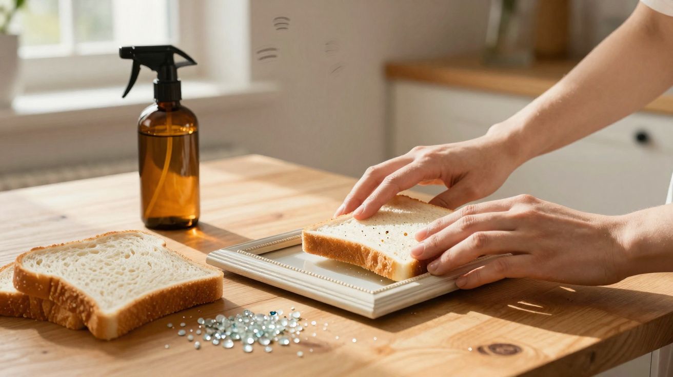 Mãos femininas colocando fatia de pão em moldura branca sobre mesa com spray e pedras decorativas.