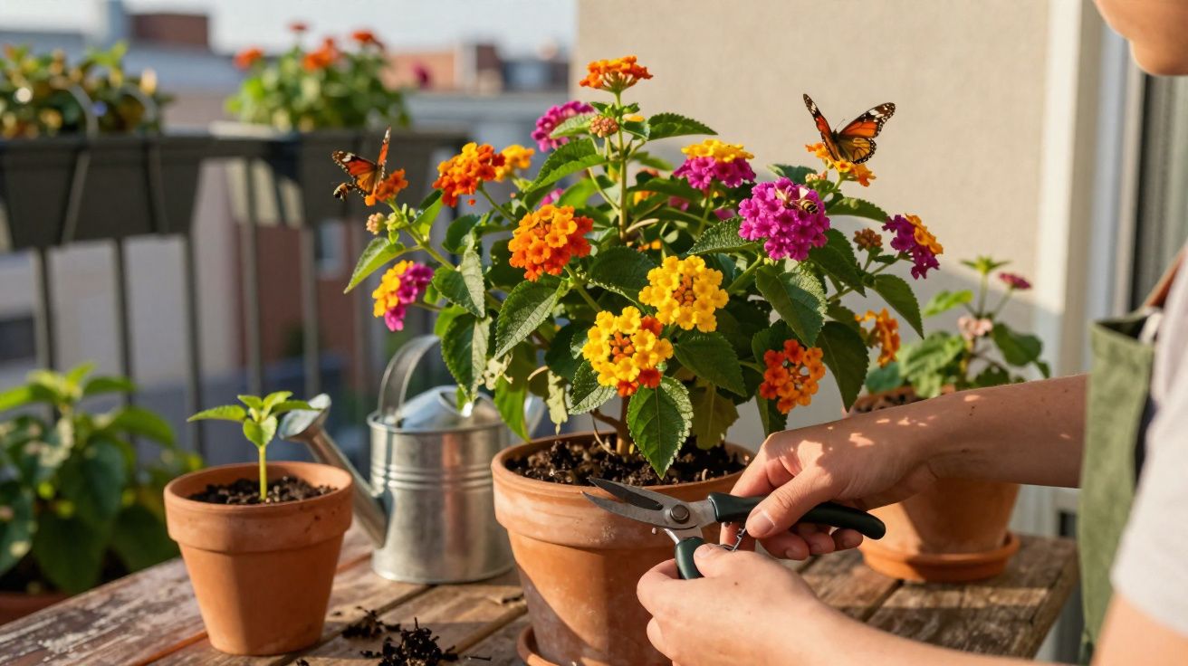 Pessoa cuidando de flores coloridas em vasos de barro em varanda ensolarada com borboletas.