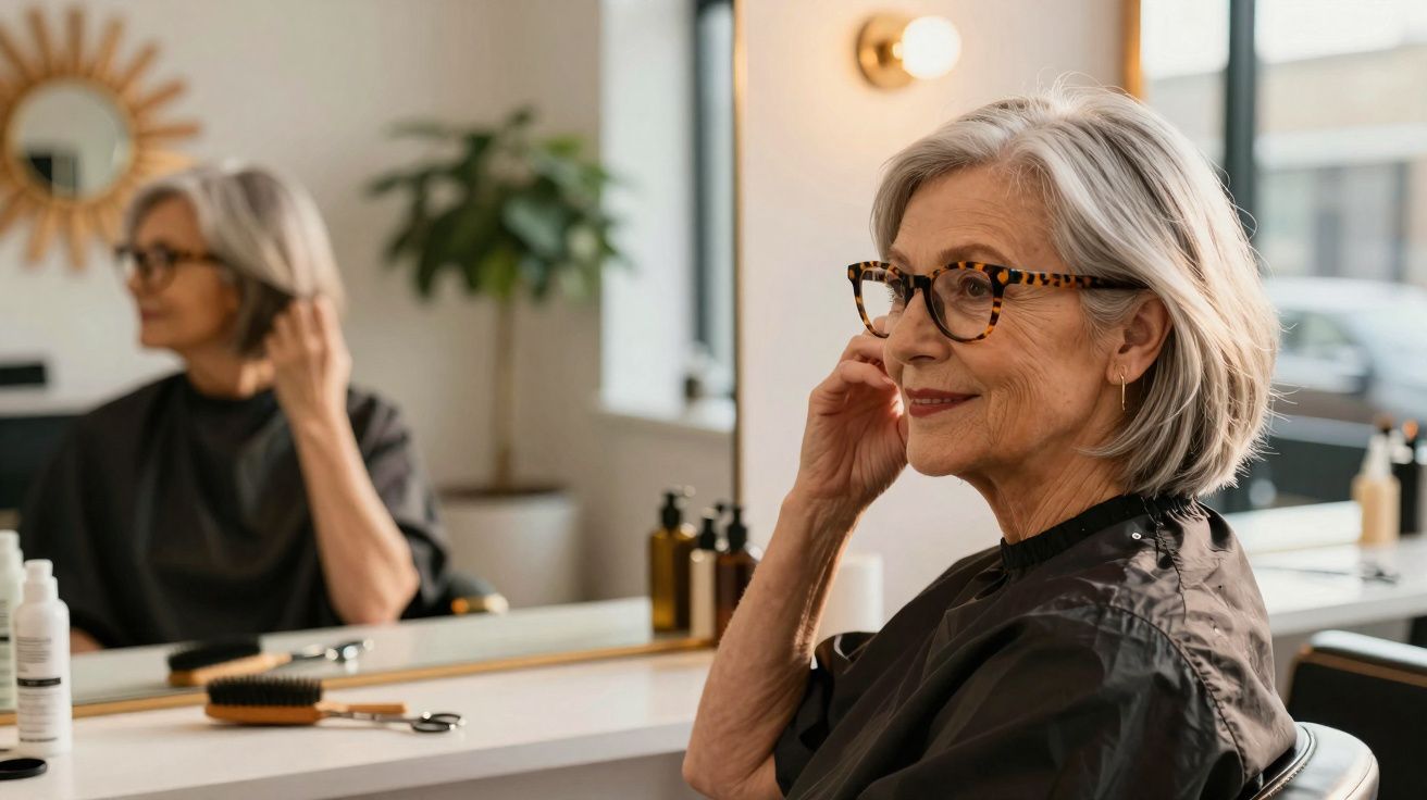 Mulher madura com cabelo grisalho e óculos, sentada em salão de beleza, olhando pelo espelho.