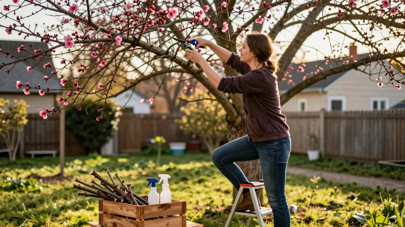 Mulher podando galhos de árvore florida rosa em jardim ensolarado com tesoura de poda.