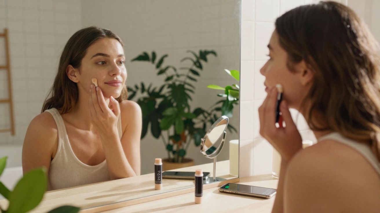 Mulher aplicando base líquida no rosto em frente ao espelho de banheiro iluminado.