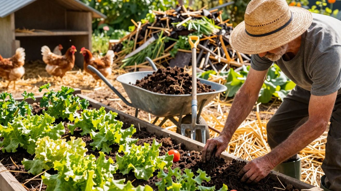 Homem idoso plantando verduras em canteiro na horta, com galinhas ao fundo e carrinho de mão.