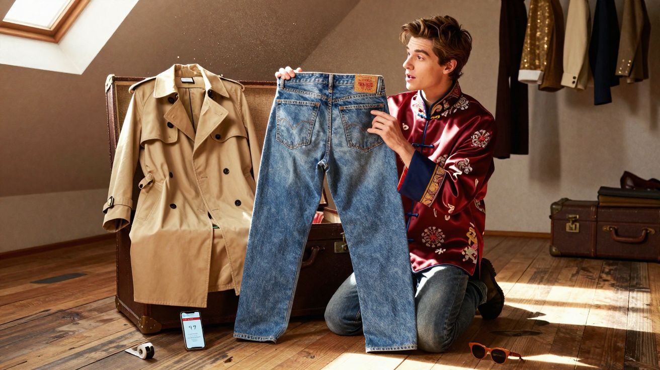 Jovem ajoelhado segura calça jeans azul em quarto com roupas penduradas e casaco bege sobre baú.