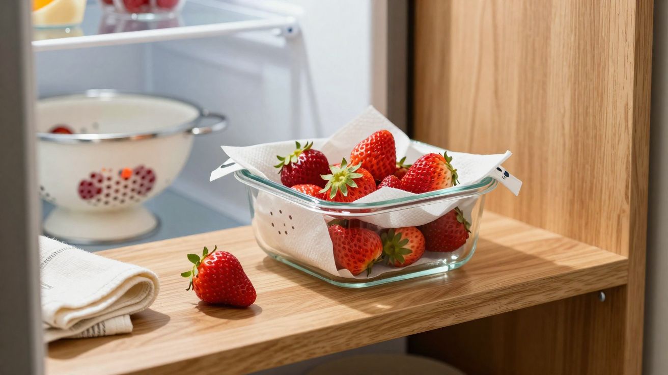 Morangos frescos em recipiente de vidro com papel toalha, sobre prateleira de madeira em cozinha.