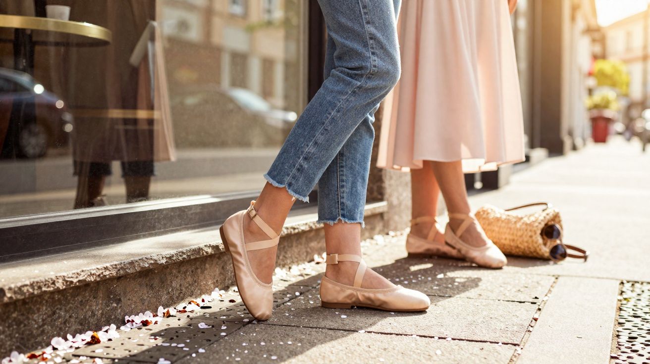 Duas pessoas com sapatilhas cor de rosa, uma de jeans e outra de saia rosa, em calçada de cidade ao entardecer.