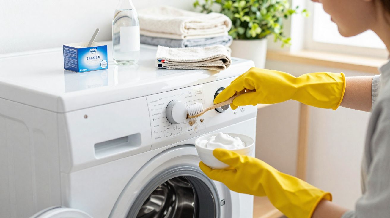 Pessoa com luvas amarelas limpando sujeira da máquina de lavar com escova e pasta de limpeza caseira.